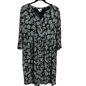 J Jill Dress Womens Medium Blue Floral 3/4 Sleeve Knit Shift Pockets Cottagecore